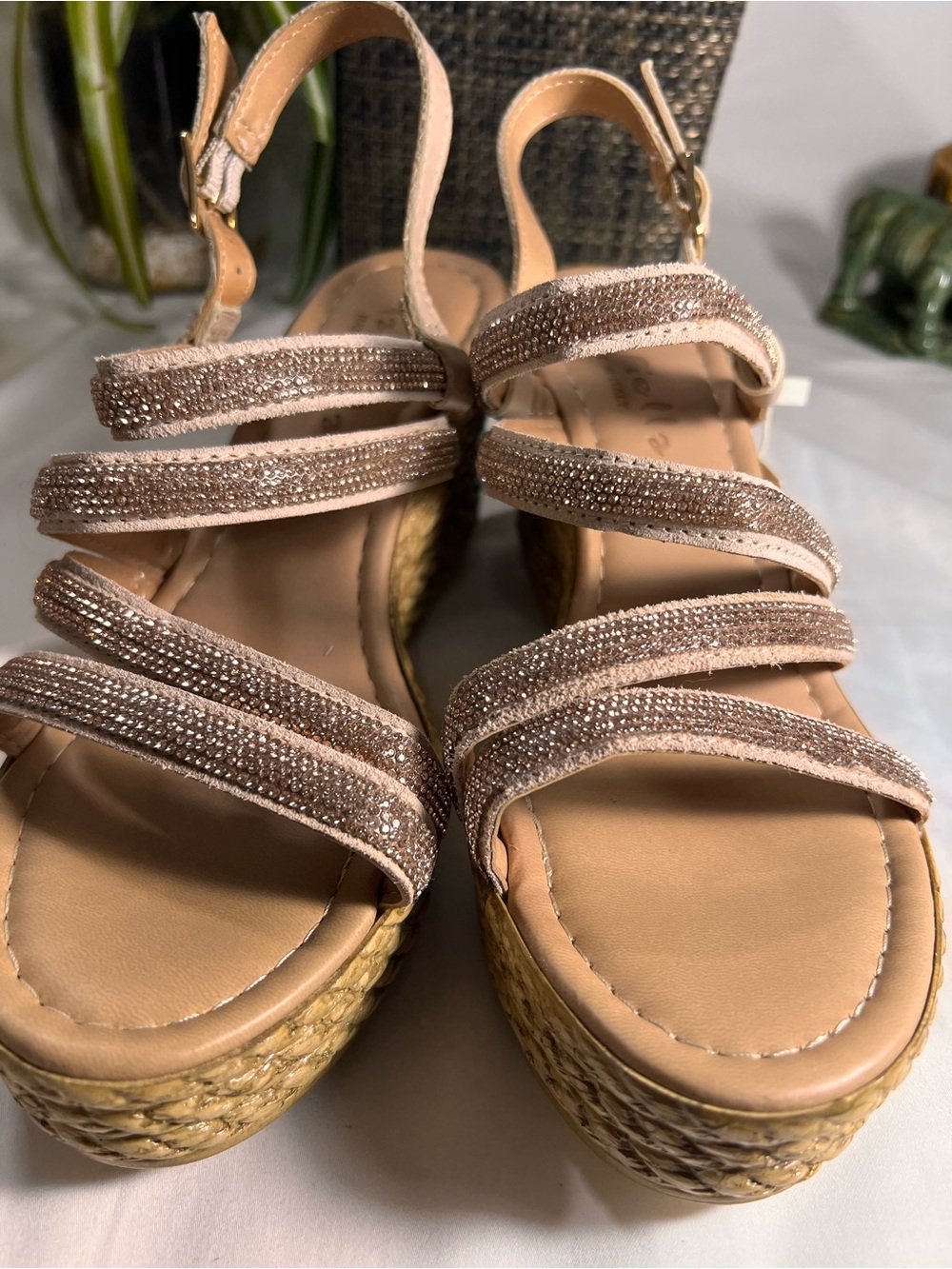 Sparkle Strappy Wedge Sandals in Blush Pink
